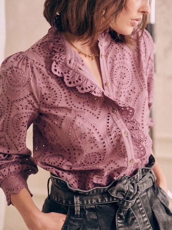 Sezane Tops - SEZANE Purple Wisteria Eyelet Ruffle Button Down Shirt Scalloped Chlo Blouse Top
